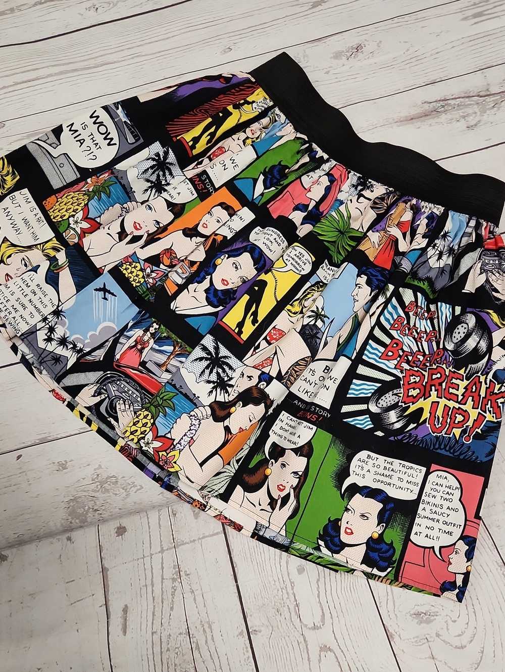 Comic Strip Print Circle Skirt with Black Waistband
